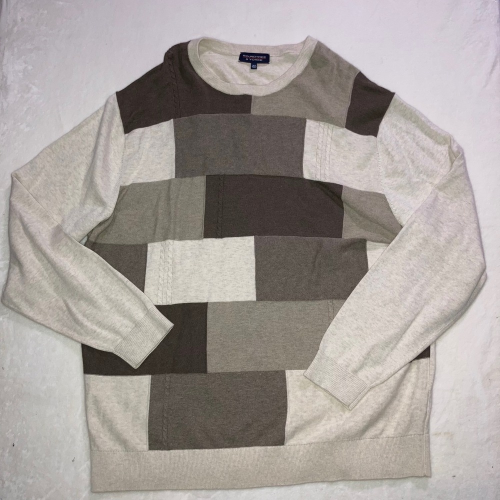 Roundtree & Yorke Mens 3XT Patchwork Colorblock Sweater Brown Oatmeal Heather